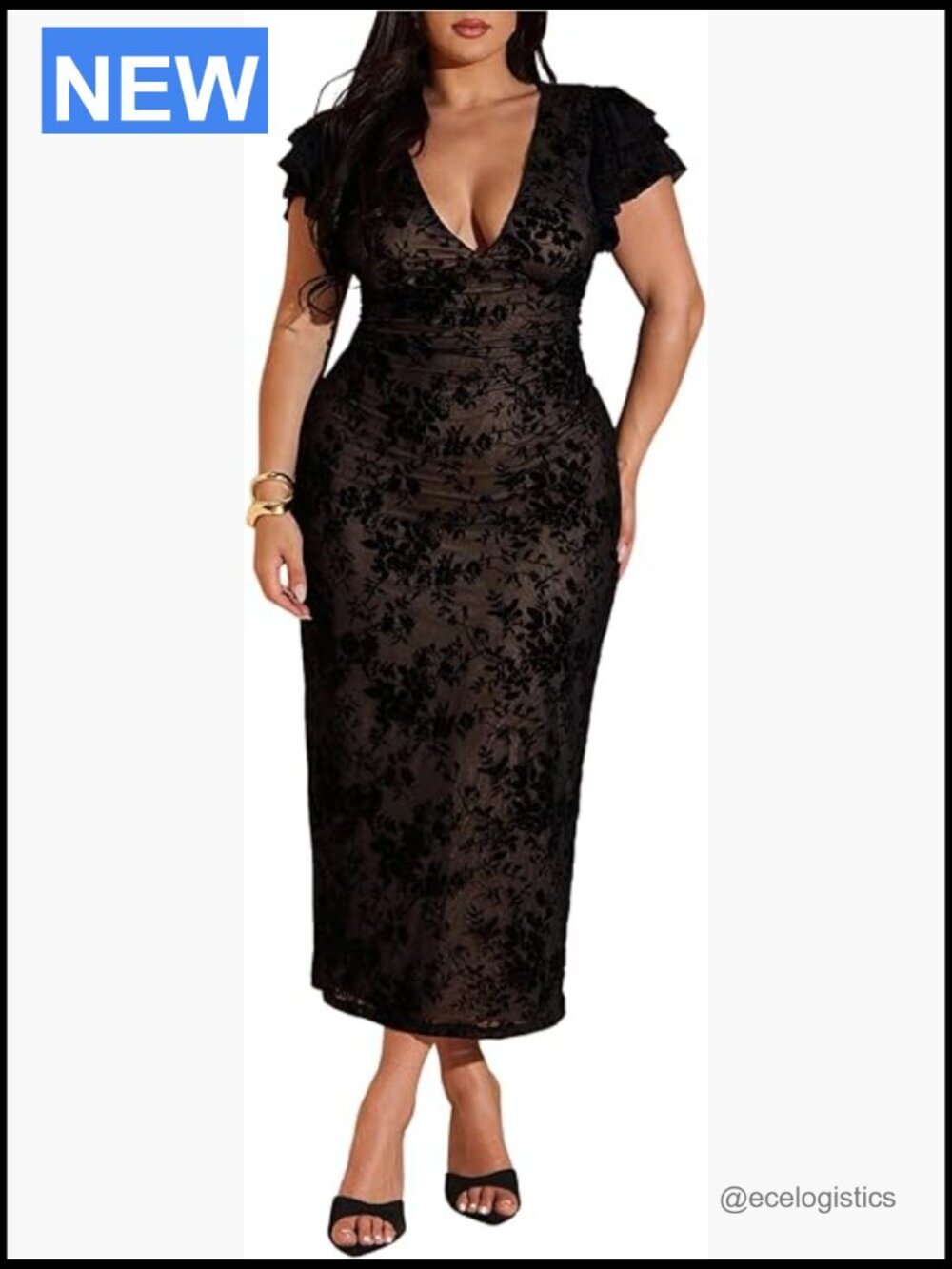 Plus Size Floral Maxi Dress Deep V Ruffle Short Sleeve Bodycon
